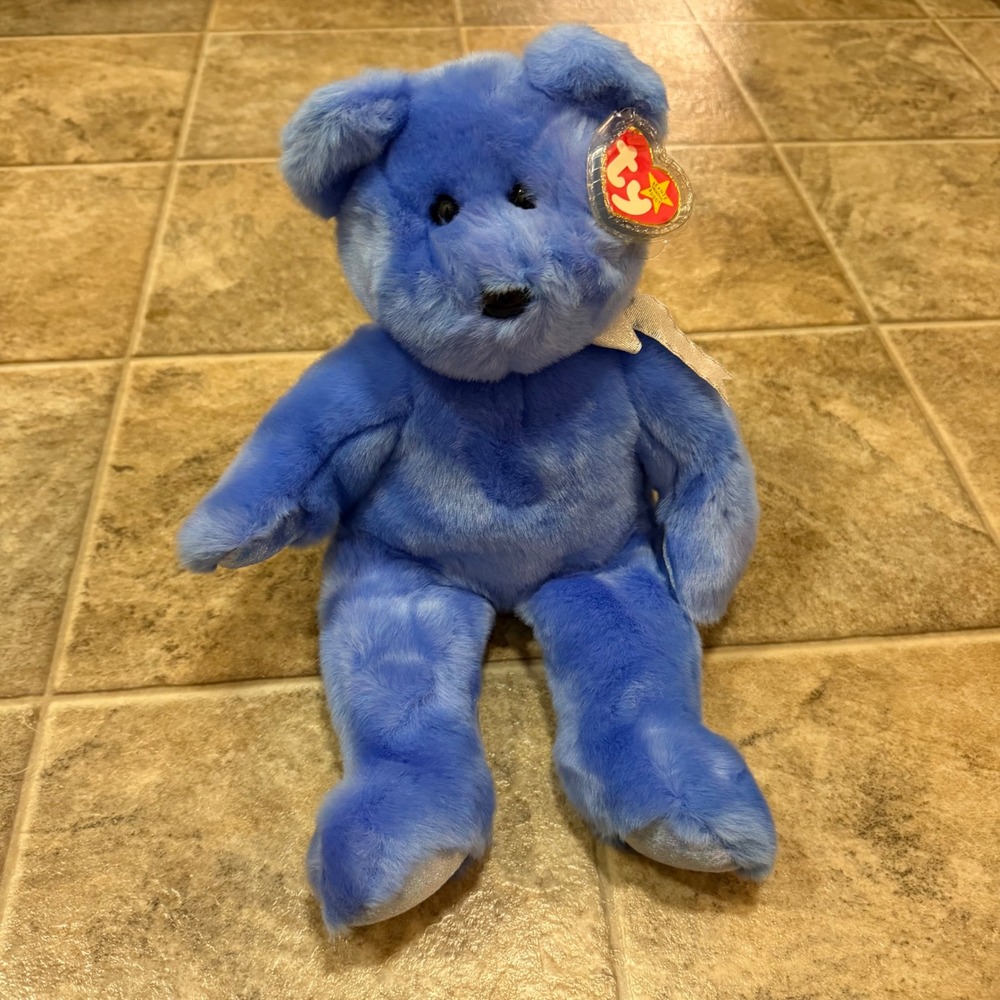 Ty Beanie Buddy Clubby II Blue Bear Plush Silver Ribbon 1999 14 inch 09991VTG
